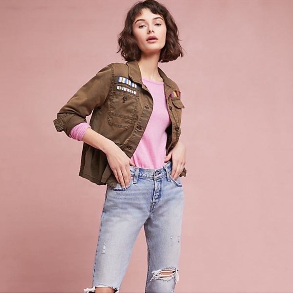 Anthropologie Military Peplem Embroidered/Beaded Jacket Size XSmall Olive Green - Picture 3 of 14